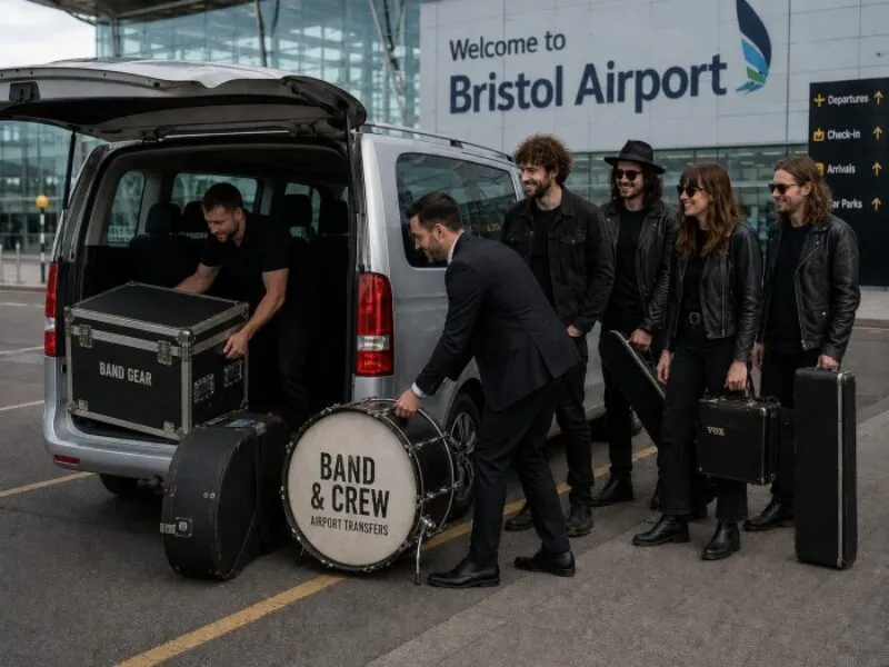 band loading luggage in to an airport transfers car